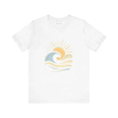 White Beach Vibes Unisex Short Sleeve Tee featuring a sun and wave design