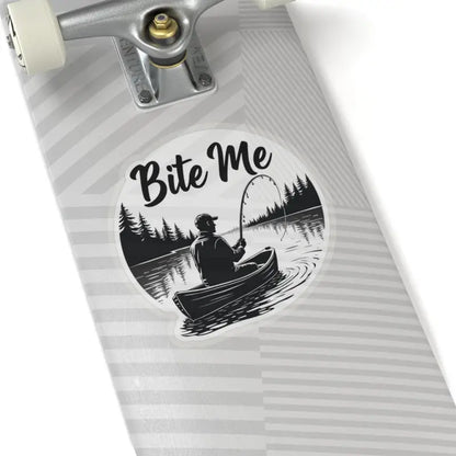 Bite Me Fishing In Canoe Sticker featuring a fishing-themed design for enthusiasts