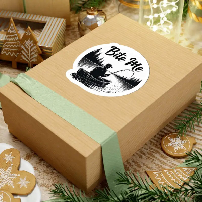 Gift box featuring Bite Me Fishing In Canoe Sticker with playful fishing theme