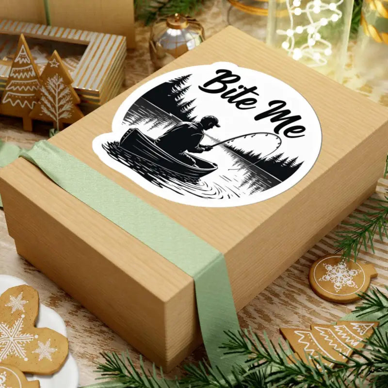 Gift box featuring Bite Me Fishing In Canoe Sticker with fishing-themed design