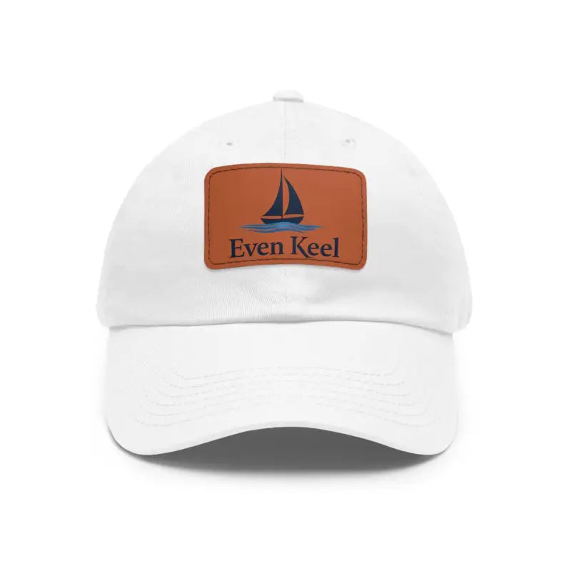 White baseball cap featuring sailboat patch from Black Even Keel Dad Hat collection