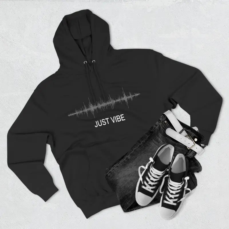 Stylish Black Hoodie with Just Vibe Sound Wave Design for Comfort, perfect for fashion and functionality lovers.