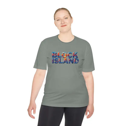 Gray Block Island Adventure Unisex Moisture Wicking T-Shirt with text design