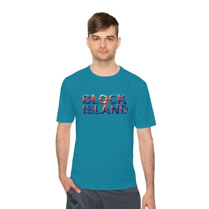 Man showcasing Block Island Adventure Unisex Moisture Wicking T Shirt