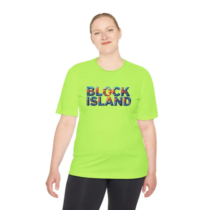 Neon green Block Island Adventure Unisex Moisture Wicking T Shirt on display