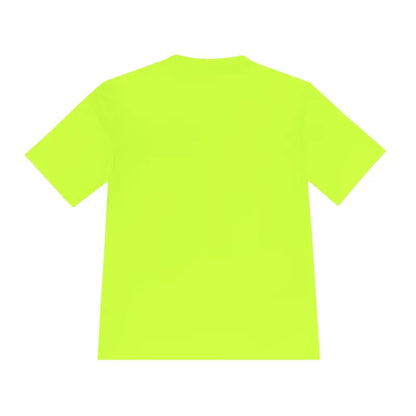 Neon yellow Block Island Adventure unisex moisture wicking t-shirt displayed