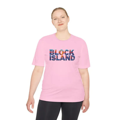 Pink Block Island Adventure Unisex Moisture Wicking T Shirt with text design
