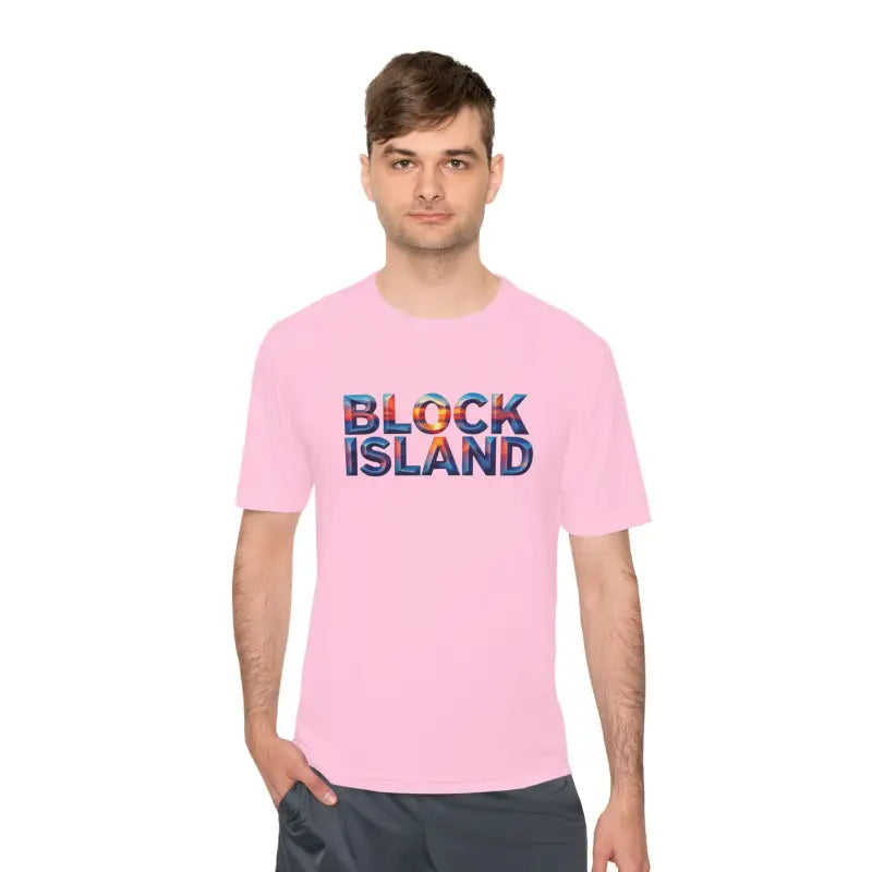 Pink Block Island Adventure Unisex Moisture Wicking T-Shirt with ’Block Island’ text