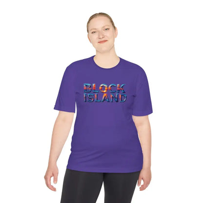 Purple Block Island Adventure Unisex Moisture Wicking T-Shirt for active lifestyles