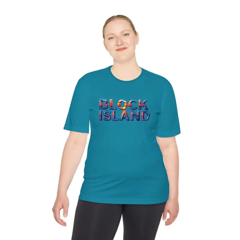 Teal moisture-wicking t-shirt featuring Block Island text for outdoor adventures