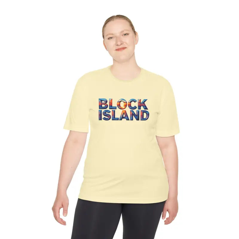 Woman’s Block Island Adventure Unisex Moisture Wicking T-Shirt displayed on a mannequin