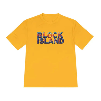 Yellow Block Island Adventure Unisex Moisture Wicking T-shirt with text design