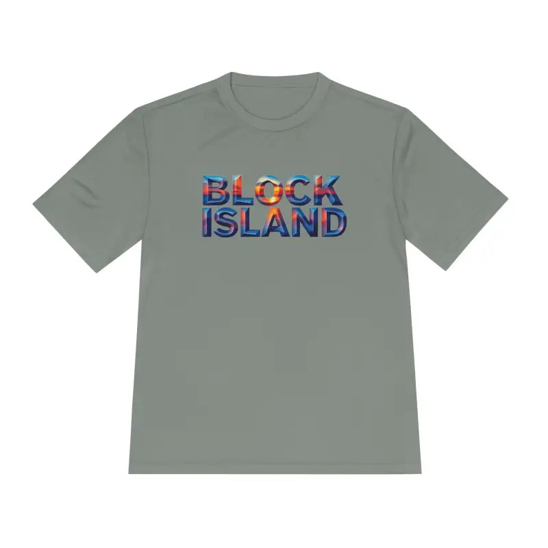 Gray Block Island Adventure Unisex Moisture Wicking T-Shirt featuring bold text