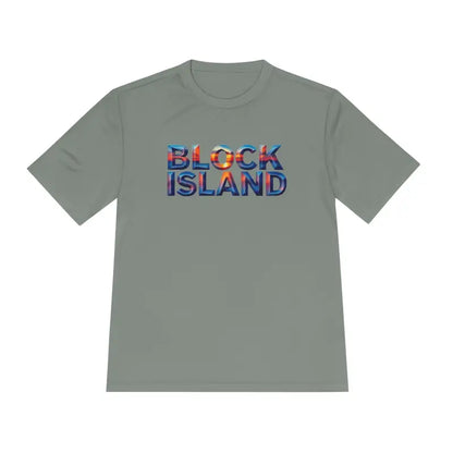 Gray Block Island Adventure Unisex Moisture Wicking T-Shirt featuring bold text