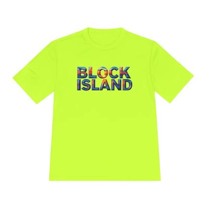 Neon yellow Block Island Adventure Unisex Moisture Wicking T Shirt displayed elegantly