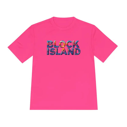 Pink Block Island Adventure Unisex Moisture Wicking T-Shirt with graphic text
