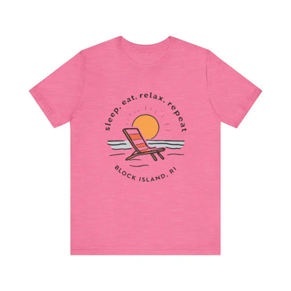 Pink t-shirt featuring a beach graphic from the Block Island Beach Vibes Unisex Tee