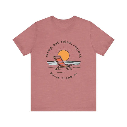 Mauve Block Island Beach Vibes Unisex Tee showcasing a relaxed beach style