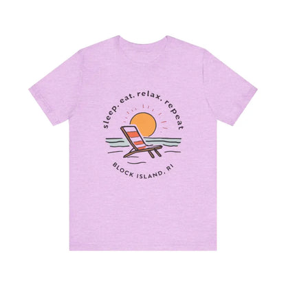 Lavender Block Island Beach Vibes Unisex Tee displayed in a stylish setting