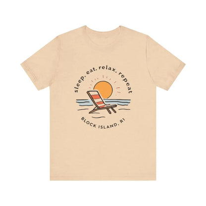Beige Block Island Beach Vibes Unisex Tee featuring a vibrant beach graphic