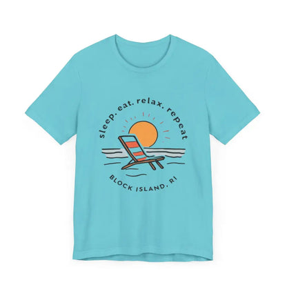 Turquoise Block Island Beach Vibes Unisex Tee featuring a vibrant beach scene