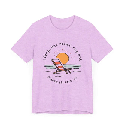 Lavender t-shirt featuring a beach graphic from Block Island Beach Vibes Unisex Tee