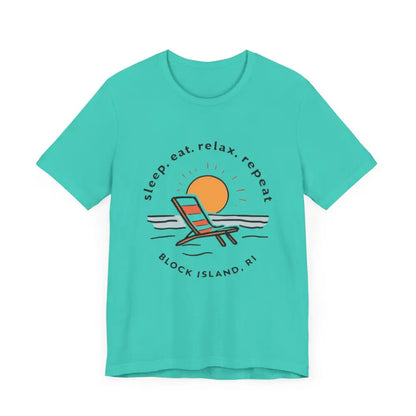 Turquoise t-shirt with beach design from Block Island Beach Vibes Unisex Tee collection