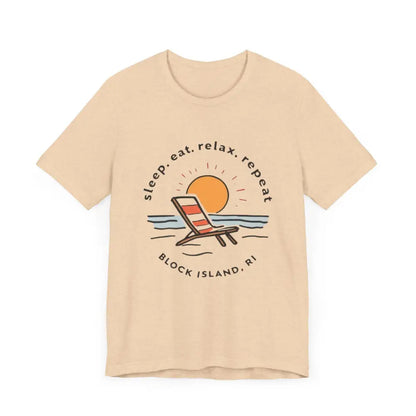 Beige Block Island Beach Vibes Unisex Tee featuring a beach scene graphic
