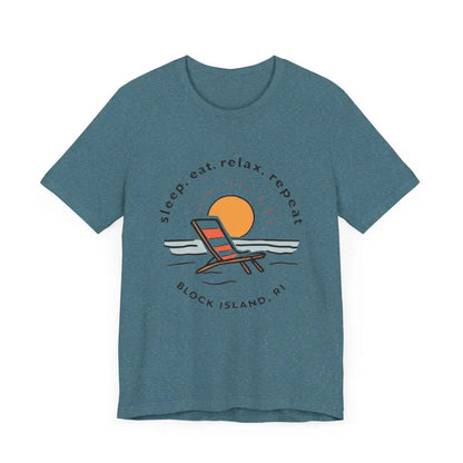 Blue t-shirt featuring beach graphic from Block Island Beach Vibes Unisex Tee