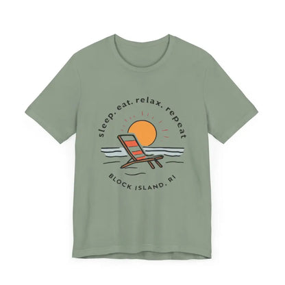 Green Block Island Beach Vibes Unisex Tee featuring a vibrant beach graphic