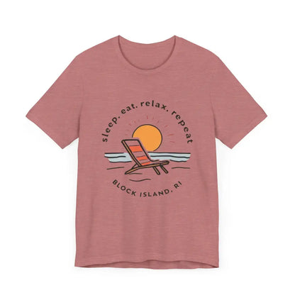 Mauve Block Island Beach Vibes Unisex Tee featuring a beach graphic design