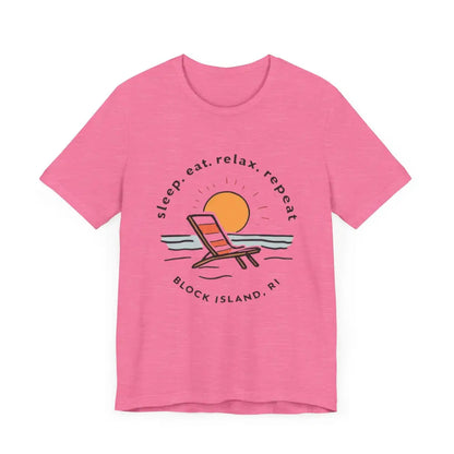 Pink t-shirt featuring a beach graphic from the Block Island Beach Vibes Unisex Tee