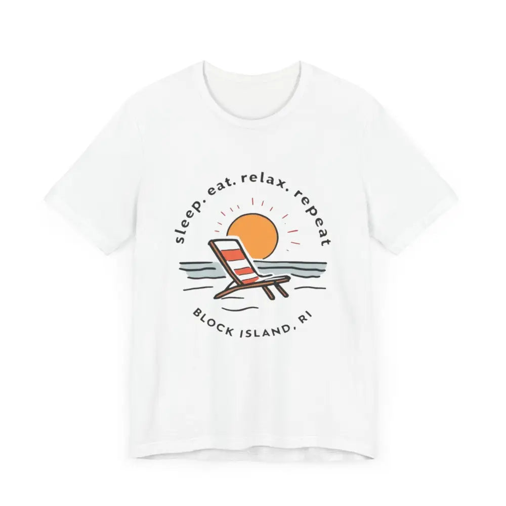 White Block Island Beach Vibes Unisex Tee featuring a coastal graphic design