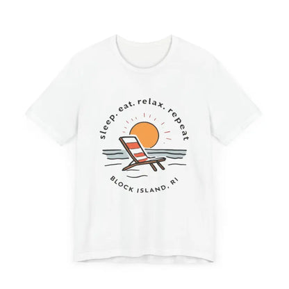 White Block Island Beach Vibes Unisex Tee featuring a coastal graphic design