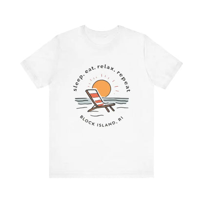 White Block Island Beach Vibes Unisex Tee featuring vibrant beach graphic design