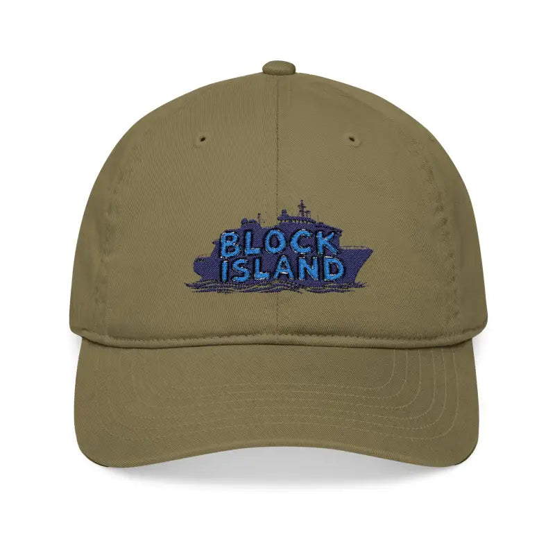 Khaki Block Island Embroidered Organic Baseball Cap showcasing eco-friendly fashion