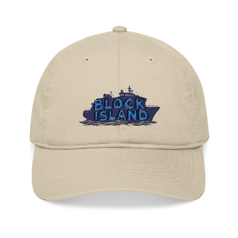Khaki Block Island Embroidered Organic Baseball Cap with boat design