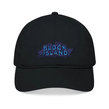 Black baseball cap featuring Block Island design, part of the Block Island Embroidered Organic collection