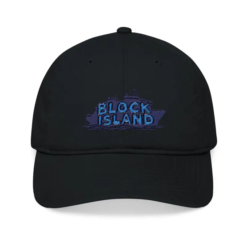 Black baseball cap featuring Block Island design, part of the Block Island Embroidered Organic collection