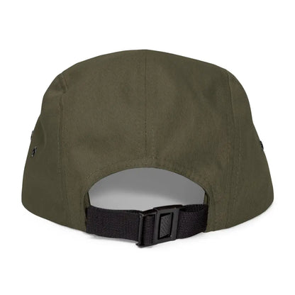 Olive green Block Island Five Panel Cap featuring an adjustable strap for comfort