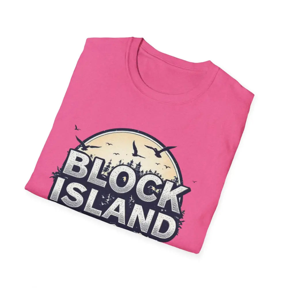 Pink t-shirt featuring Block Island graphic in a unisex softstyle design