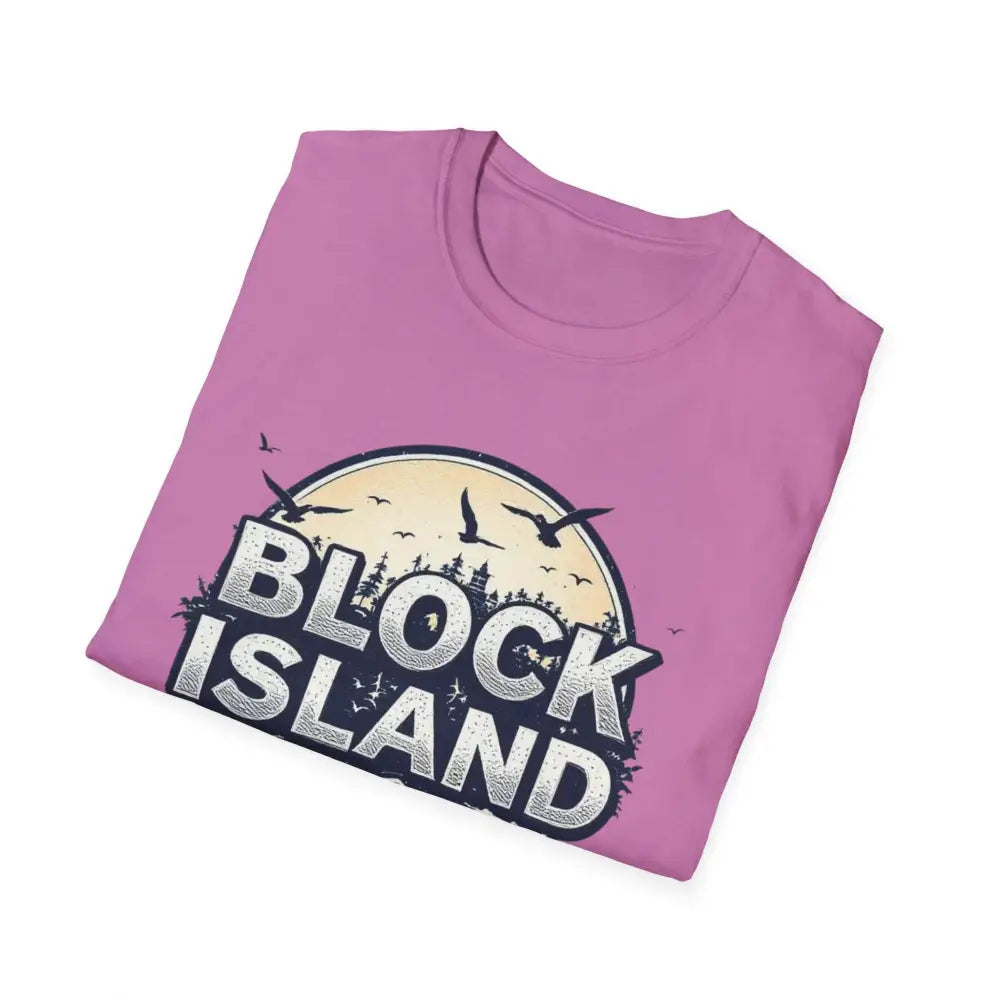 Folded pink Block Island Graphic Unisex Softstyle T Shirt displayed elegantly