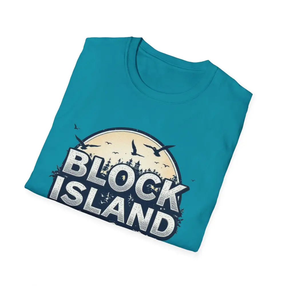Folded teal Block Island Graphic Unisex Softstyle T Shirt on a neutral background