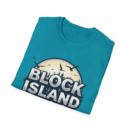 Folded teal Block Island Graphic Unisex Softstyle T Shirt on a neutral background