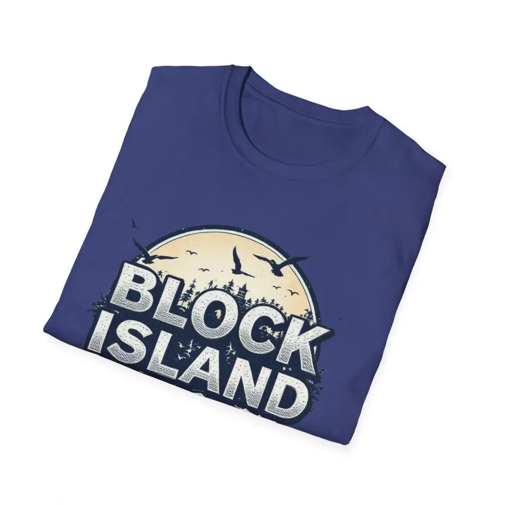 Folded blue Block Island graphic t-shirt from the Block Island Graphic Unisex Softstyle line
