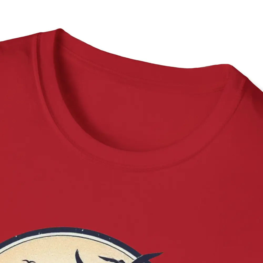 Red neckline of Block Island Graphic Unisex Softstyle T Shirt displayed prominently