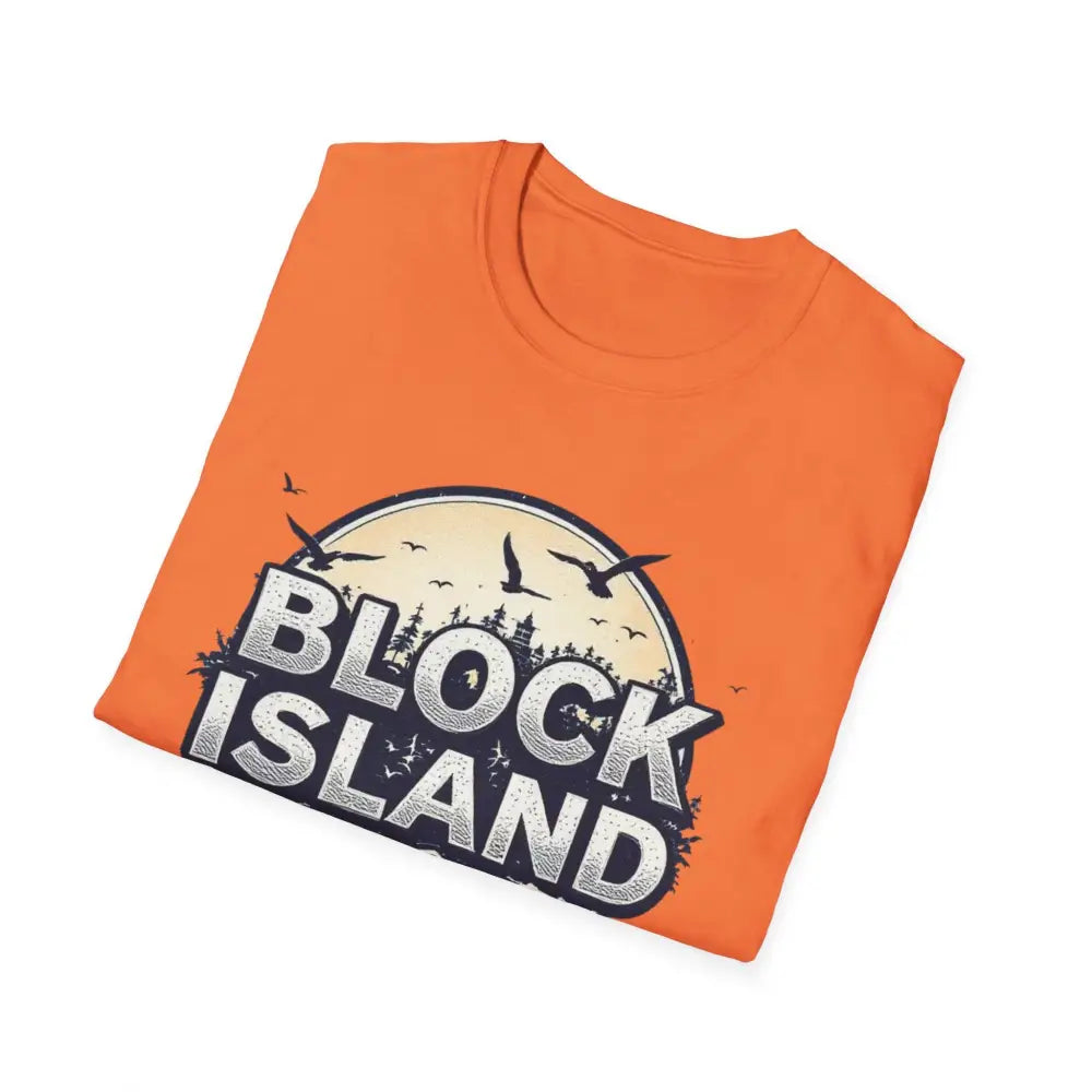 Folded orange Block Island Graphic Unisex Softstyle T Shirt displayed on a neutral background