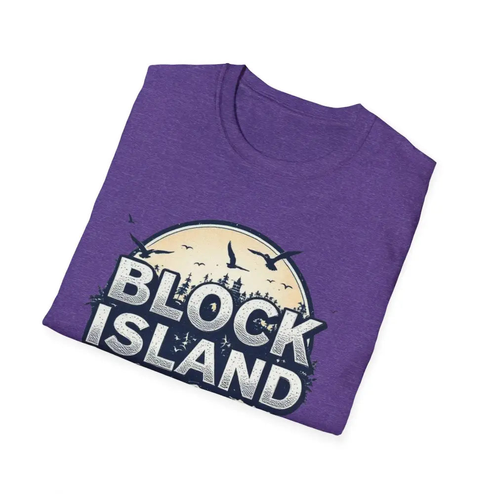 Folded purple Block Island Graphic Unisex Softstyle T Shirt displayed elegantly