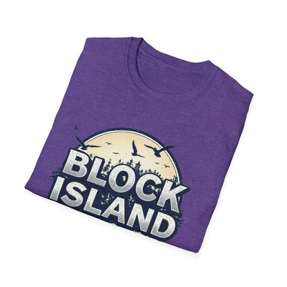 Folded purple Block Island Graphic Unisex Softstyle T Shirt displayed elegantly