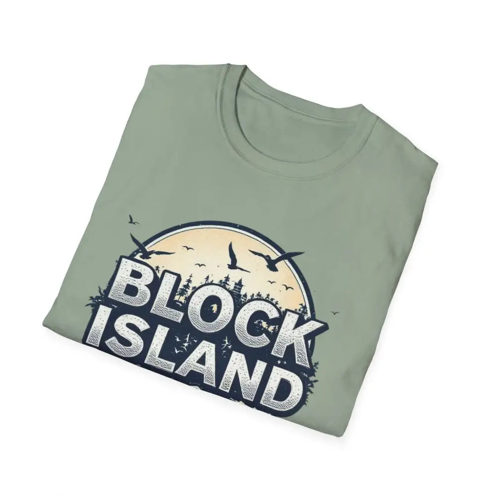 Folded Block Island Graphic Unisex Softstyle T Shirt showcasing vibrant design